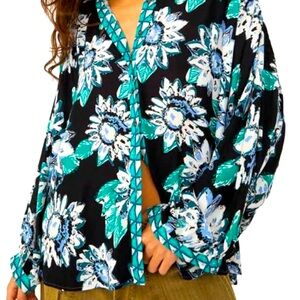 Free People Floral Black and Green Women's Top